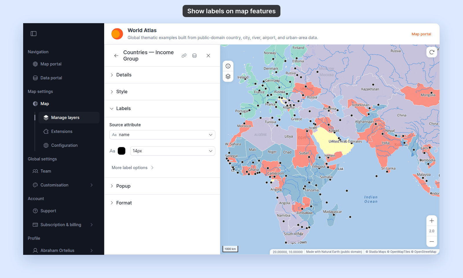 Labels section of the Countries — Income Group layer with Source attribute set to name; country names show inside the countries on the map
