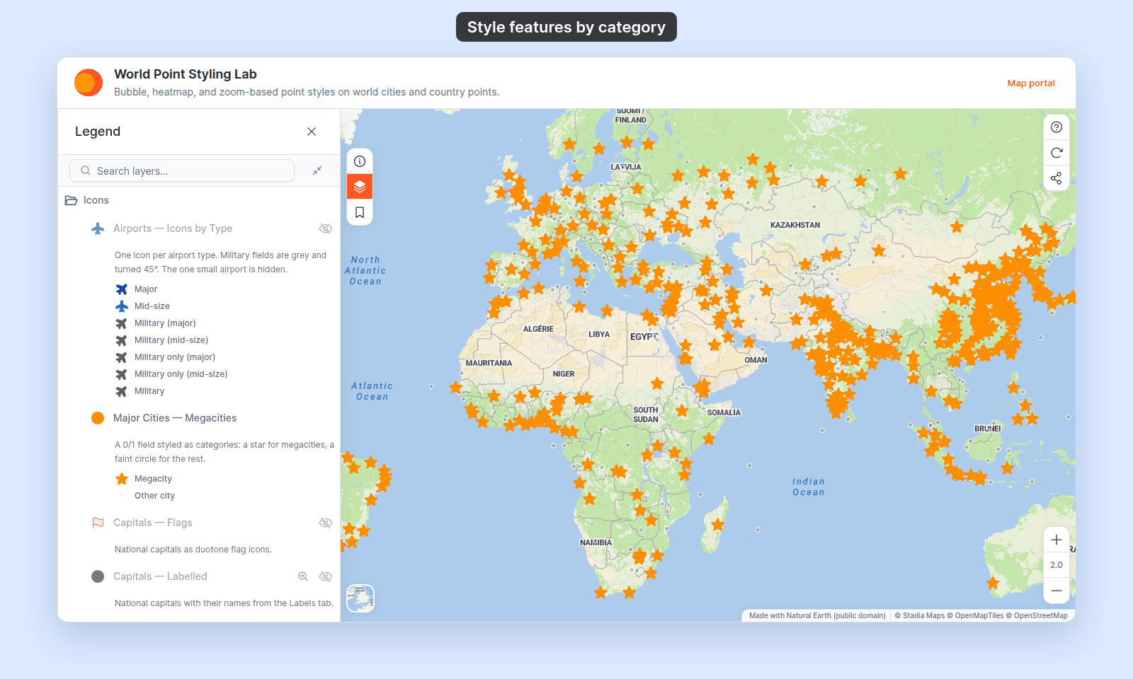 World Point Styling Lab as a viewer sees it with Major Cities — Megacities on: amber star icons for megacities and small faint grey circles for other cities, and the legend entry showing the two rows Megacity and Other city