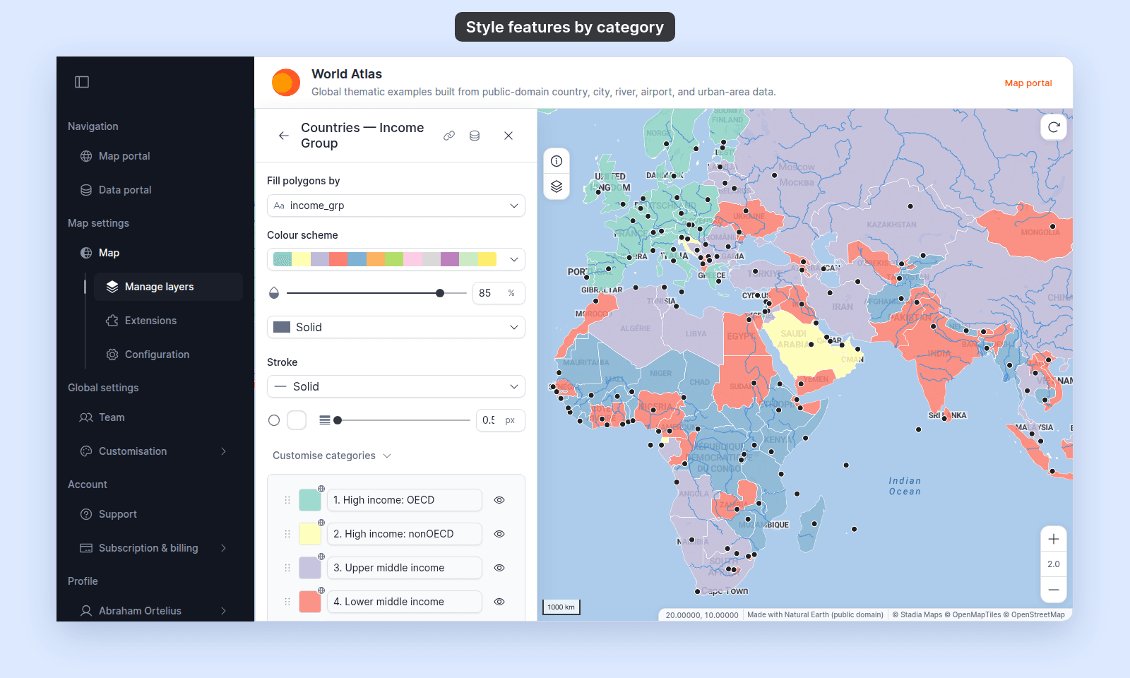 Style section of the Countries — Income Group polygon layer: Fill polygons by set to the text field income_grp, with Colour scheme, opacity, fill pattern, Stroke, and Customise categories with rows for the income groups