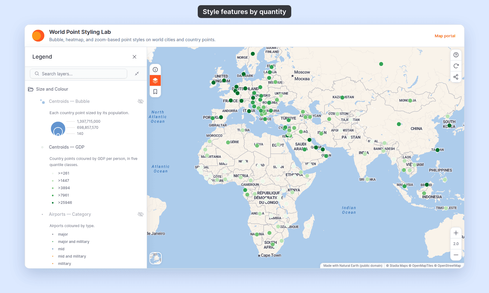 World Point Styling Lab map with country points coloured by GDP per person in five green classes, and the legend listing Centroids — GDP with one swatch per class