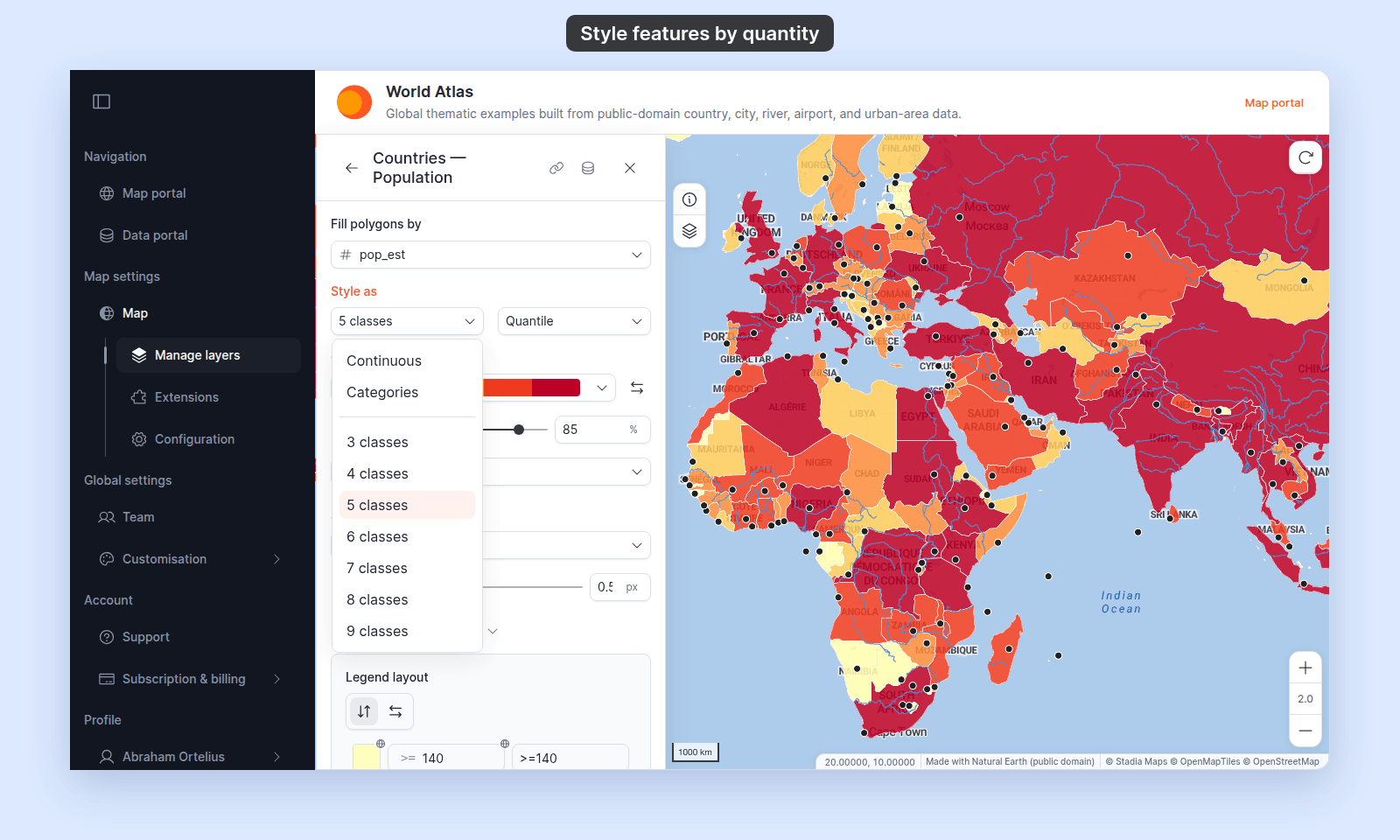 Style section of the Countries — Population layer, Fill polygons by set to pop_est, with the Style as dropdown open: Continuous, Categories, and 3 classes to 9 classes, 5 classes selected