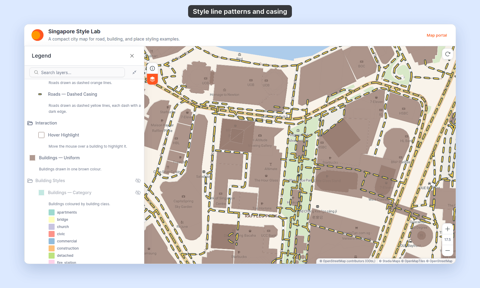 Map viewer close-up of Raffles Place in Singapore with the Roads — Dashed Casing layer: dashed yellow roads with a dark edge around each dash and open gaps between the dashes; the Legend shows Roads — Dashed Casing with a short yellow dash with a dark edge and the description Roads drawn as dashed yellow lines, each dash with a dark edge