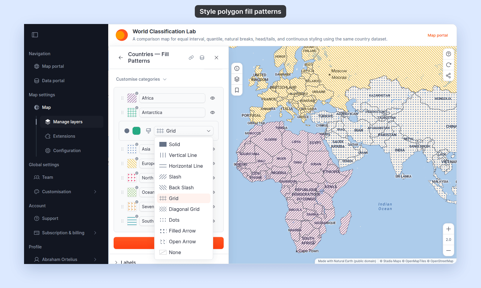 Customise categories open on the Countries — Fill Patterns layer, with a pattern swatch on each continent row; the Antarctica row's controls are open below it, with its fill colour and its pattern dropdown open on Grid, listing Solid to None