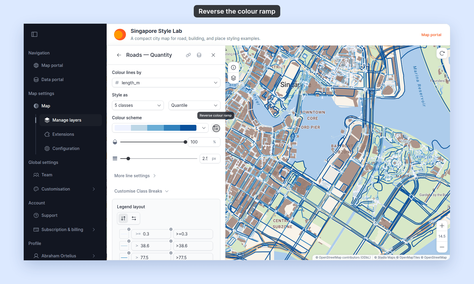 Style section of the Roads — Quantity line layer: the Colour scheme dropdown, and the hovered button to its right with its tooltip, Reverse colour ramp