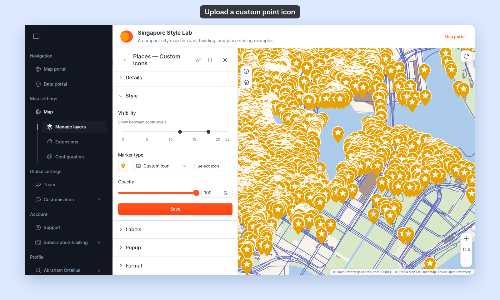 Style section of the Places — Custom Icons layer with Marker type set to Custom Icon, the Select icon button, the Opacity slider and number box at 100%, and Save, beside a map of Singapore with yellow star map pins