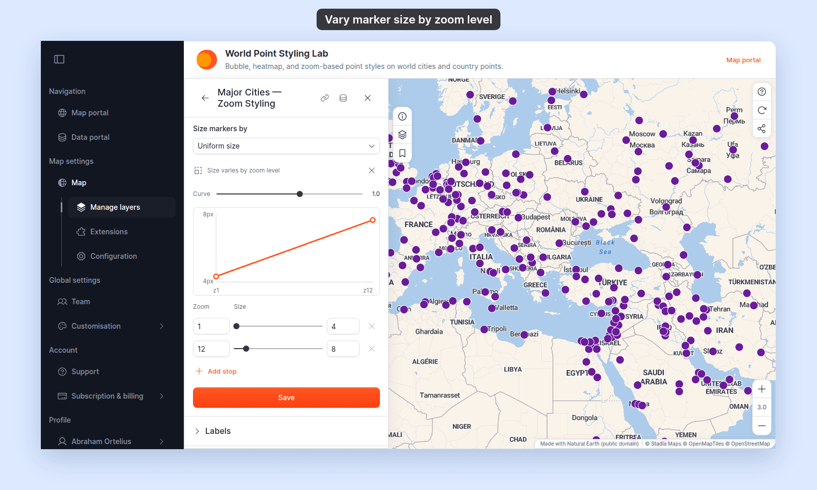 Style section of the Major Cities — Zoom Styling layer with Size markers by set to Uniform size and the note Size varies by zoom level, the Curve slider at 1.0, a curve chart rising from 4px at z1 to 8px at z12, two zoom stops (zoom 1 at 4 px, zoom 12 at 8 px), Add stop, and Save