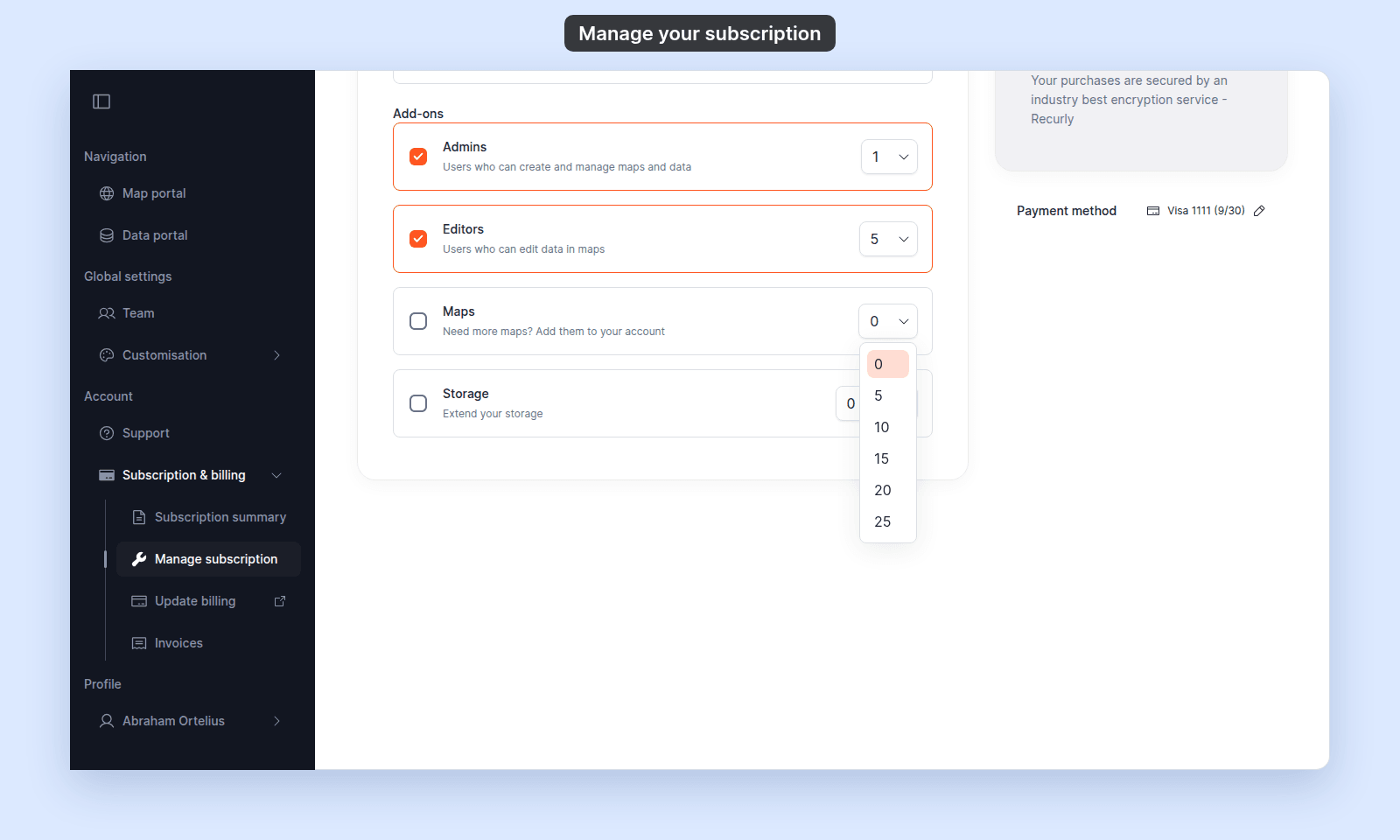 Add-ons list with Admins 1 and Editors 5 ticked, Maps and Storage unticked, and the Maps quantity list open: 0, 5, 10, 15, 20, 25